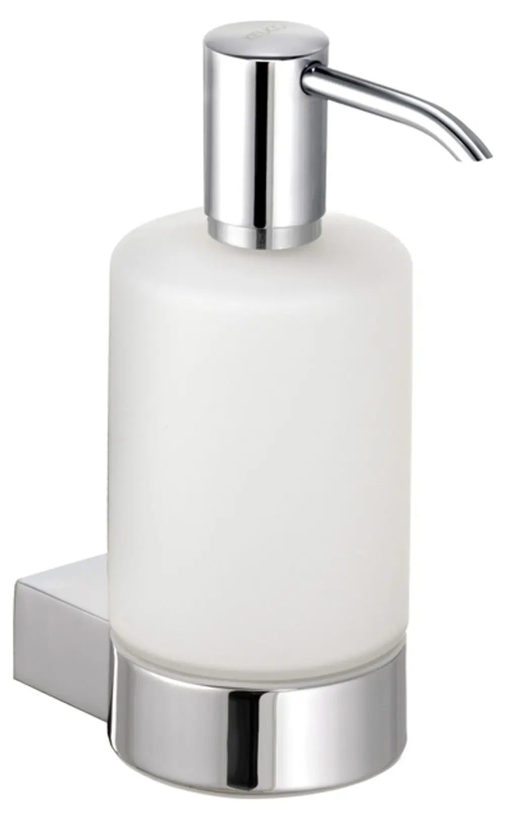 Lotionspender von Keuco mit einem matten, frosted Glasbehälter und verchromtem Pumpmechanismus. Einsatz in Badezimmer oder Küche zur praktischen Dosierung von Flüssigkeiten.